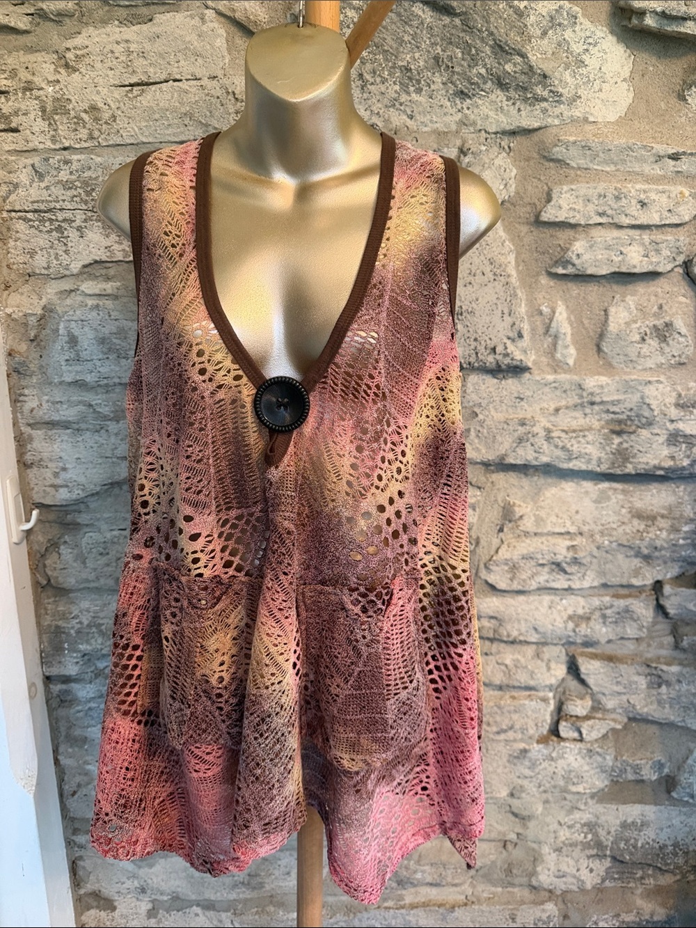 Crochet Overlay Top in Pink, Brown & Cream